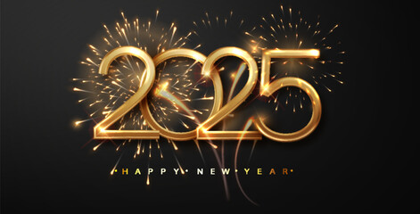 Wall Mural - golden numbers 2025 and new year fireworks on dark background. celebration new year's eve. golden fi
