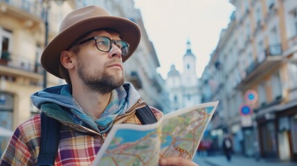 Poster - A man wearing a hat and glasses examining a map. Ideal for travel and navigation concepts