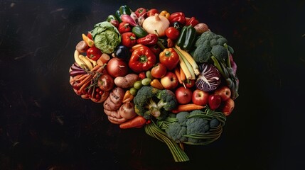 Poster - A creative arrangement of various fruits and vegetables shaped like a brain. Ideal for health and nutrition concepts