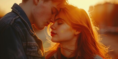 Poster - A man and a woman sharing a romantic kiss. Suitable for love and relationship concepts