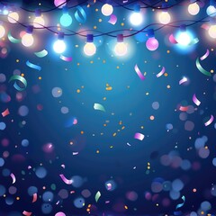 Poster - Festive blue background with colorful confetti and glowing lights. Perfect for party invitations or celebration announcements