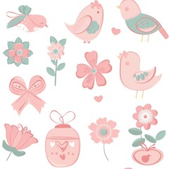 Poster - Colorful collection of pink and green birds and flowers, perfect for various design projects