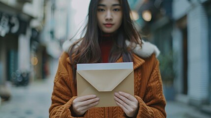 Aufkleber - A woman holding an envelope, suitable for business and communication concepts