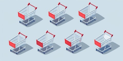 Sticker - A row of shopping carts with red handles, perfect for retail or consumerism concepts