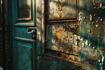 Poster - Close-up of a weathered door with peeling paint. Suitable for architectural or renovation concepts