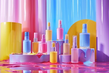 Poster - Various colored bottles arranged neatly on a table. Suitable for product display or interior design concepts
