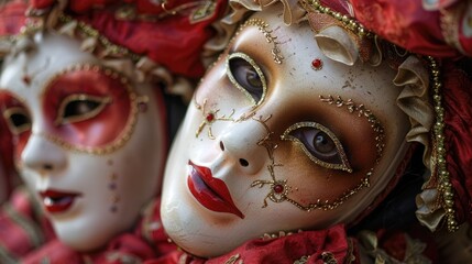 Poster - Close up of two masks on a table, ideal for Halloween or theater themes