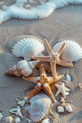 Wall Mural - Shells and starfish on a sandy beach, perfect for summer themed designs