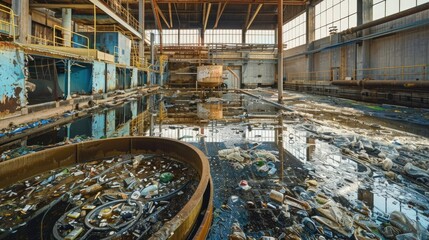 Poster - A messy building filled with trash, suitable for illustrating neglect or urban decay