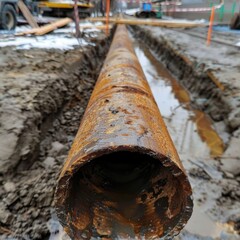 Poster - A rusty pipe laying on the side of a road. Suitable for industrial and construction themes