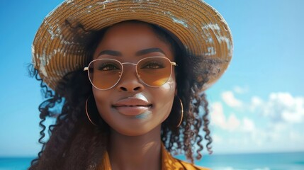 Wall Mural - A stylish young woman in a hat and sunglasses strikes a pose against the sky, exuding beauty and confidence.