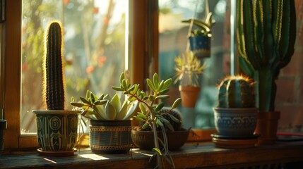 Fototapete - A collection of potted plants on a sunny window sill. Perfect for home decor or gardening concepts