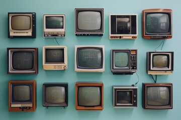 Aufkleber - A collection of vintage televisions displayed on a wall. Ideal for retro technology concepts