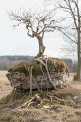 Poster - A tree sitting on top of a rock. Suitable for nature and outdoor themes