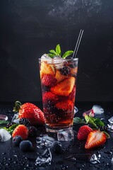 Wall Mural - A delicious drink with fresh strawberries, blueberries, and mint leaves, perfect for hot summer days