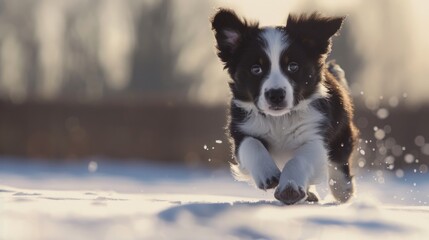 Wall Mural - A black and white dog running through the snowy landscape. Perfect for winter-themed designs