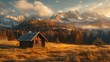 A small cabin in a field with mountains in the background. Suitable for nature and travel concepts