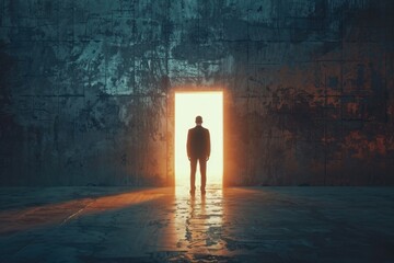 Poster - A man standing in front of an open door. Suitable for business concepts