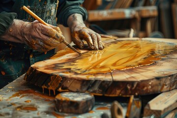 Poster - Close-up of a person working on a piece of wood. Suitable for woodworking or carpentry concepts