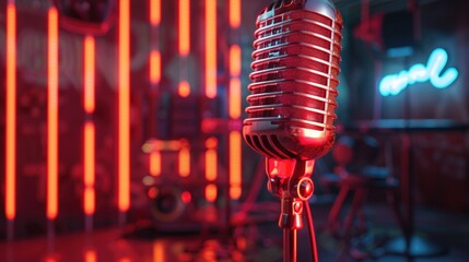 Poster - A vibrant red microphone with colorful neon lights in the background. Perfect for music and entertainment concepts