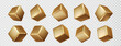 Cube gold metal collection. Realistic geometric square shapes. Golden 3d design elements isolated.