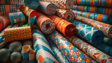 Fototapeta Boho - A pile of colorful, patterned wrapping paper, ready to be used for gift wrapping