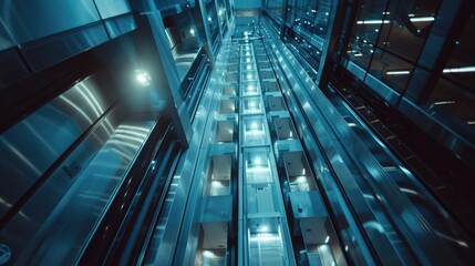 Aufkleber - Illuminated escalator in dark building, suitable for urban concepts