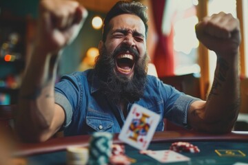 Poster - A man with a beard playing poker. Suitable for gambling and leisure concepts