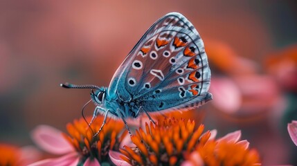 Poster - Iridescent Wings: Butterfly Close-up on Wildflower, generative ai