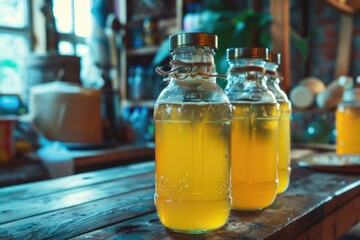 Aufkleber - Group of bottles on a wooden table, versatile for various concepts