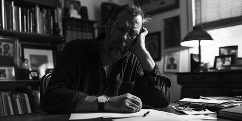 Poster - A man sitting at a table with a pen and paper. Ideal for educational or business concepts