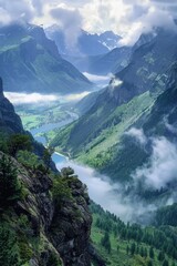 Aufkleber - A picturesque view of a valley surrounded by majestic mountains. Ideal for travel and nature concepts