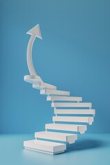 Poster - A white staircase with an arrow pointing upwards. Perfect for business and motivation concepts