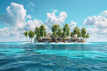 Aufkleber - A serene tropical island with a charming thatched hut and swaying palm trees. Ideal for travel and vacation concepts