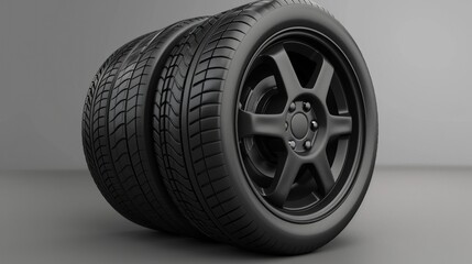 Poster - A black tire lying on a gray surface, suitable for automotive industry promotions