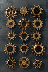 Poster - A collection of gold gears on a sleek black surface. Ideal for industrial and technology concepts