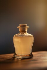 Poster - A bottle of perfume placed on a wooden table. Suitable for beauty and lifestyle concepts