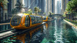 Conceptual amphibious public transport, futuristic cityscape, seamless urban to aquatic transition, eco-friendly design, mass