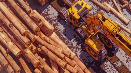 Poster - A yellow bulldozer next to a pile of logs. Ideal for construction and forestry concepts