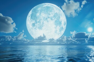 Poster - Full moon rising over a calm body of water. Suitable for nature and landscape themes