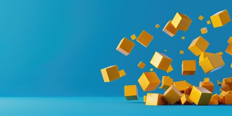 Poster - Yellow cubes floating in mid-air. Suitable for abstract concepts