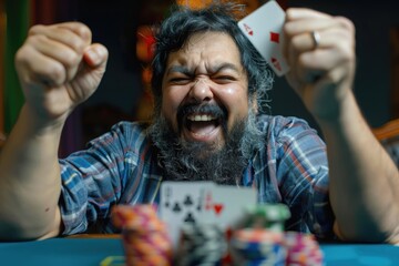 Poster - A man with a beard holding up a playing card. Ideal for casino or gambling concepts
