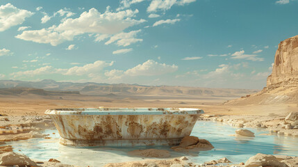 Opulent water wastage in a desert setting, juxtaposition of scarcity and excess, satirical commentary on resource mismanagement, stark lighting contrasts