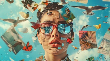 Aufkleber - Woman wearing sunglasses with birds in the background. Suitable for travel or nature concepts