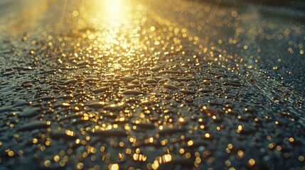 Poster - Close up of wet surface with sun in background. Perfect for nature and weather concepts