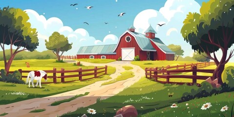 Poster - A picturesque painting of a farm with a red barn and a beautiful white horse. Ideal for agricultural or rural-themed projects