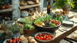 Sustainable eating movement, plant-based culinary delights, organic ingredients, farm-to-table philosophy, rustic charm, 