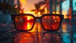 a stylish pair of rectangular sunglasses with bold black frames, standing out against a backdrop of fiery sunset orange