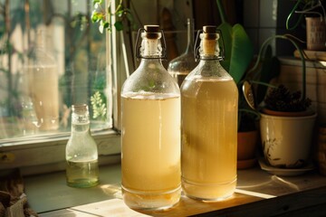 Aufkleber - Two bottles of liquid sitting on a window sill, suitable for various design projects