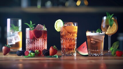 Poster - Various beverages neatly arranged on a table, suitable for food and drink concepts